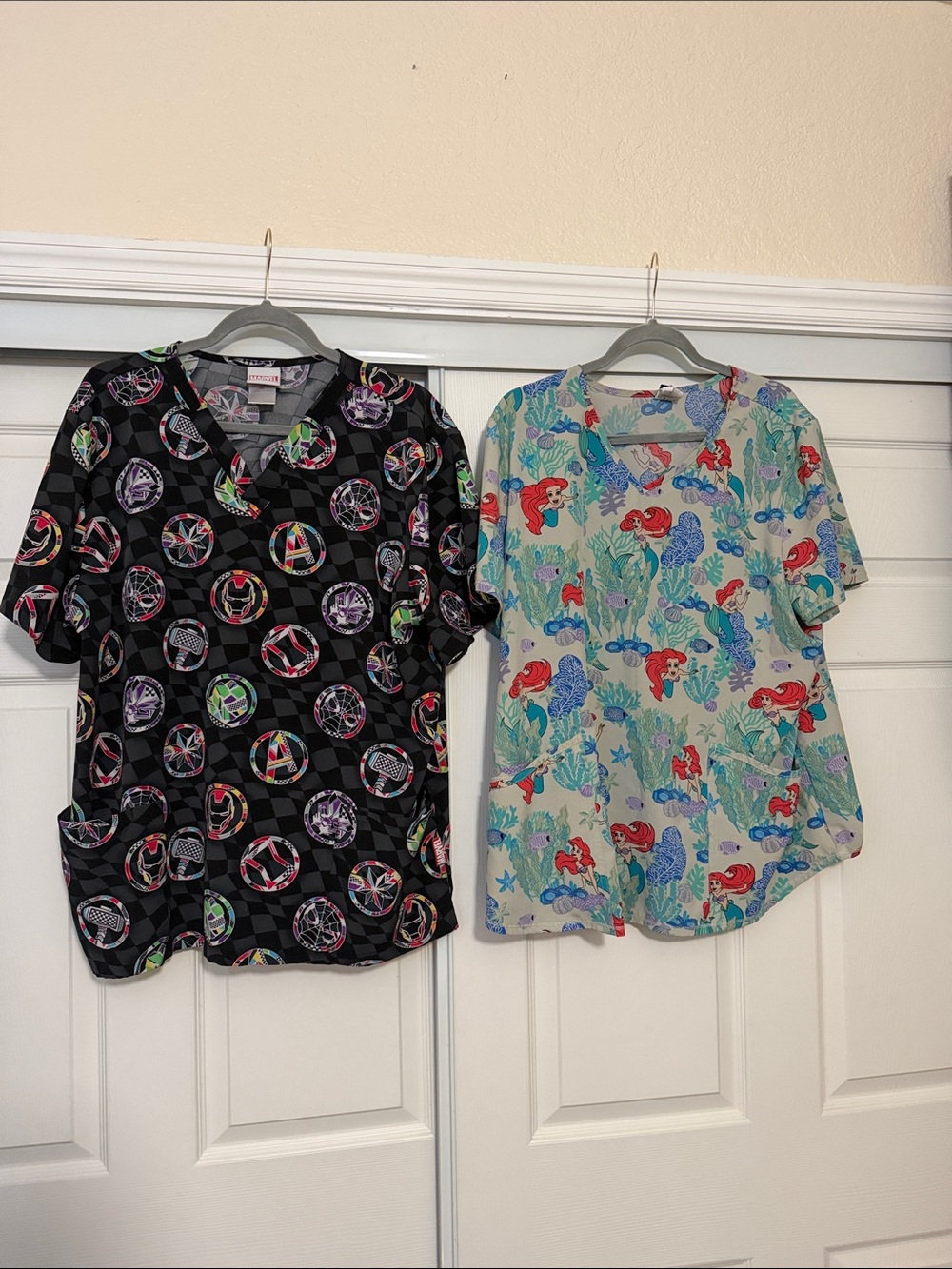 Lot of 2 Disney Ariel and Marvel Print Scrub Top
